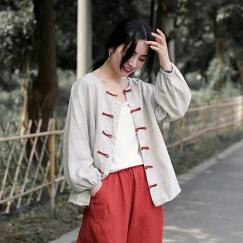 Retro Ethnic Print Linen Shirt Summer Linen Cotton Women Clothing Spring And Autumn Loose Literature Chinoiserie Ladies Top