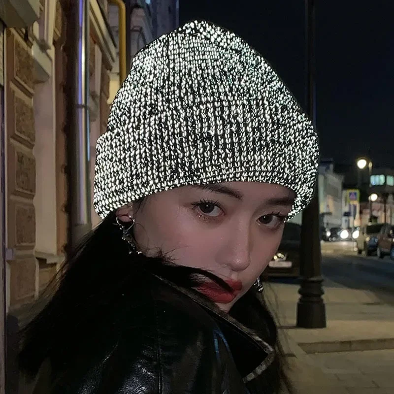 Creative Reflective Beanies Hat for WomenFashion Knitted Street Hats Night Fantasy Shining Skullies Cap for Men Warmer Bonnet 2