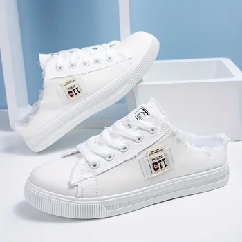 Women's Fashion Flat Sneakers Casual Lace Up Round Toe Non Slip Canvas Shoes Casual Walking Slides Shoes 1