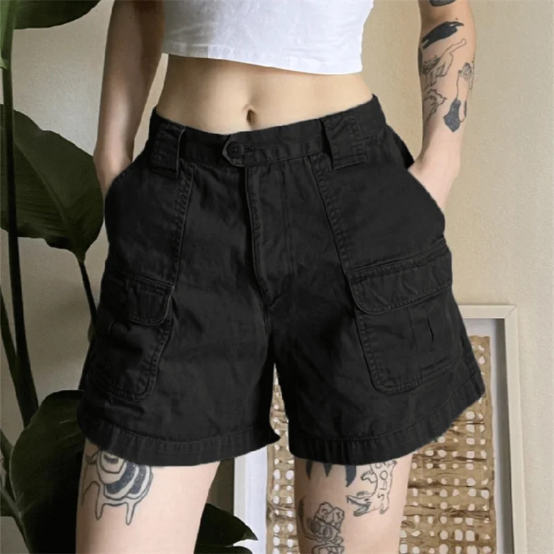 

Women Cargo Shorts Button Zipper Closure High Waist Slim Solid Color Multi Pocket Workwear Denim Shorts Club Streetwear