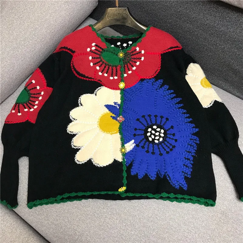 

Round Neck Knitted Embroidery Retro Sweater Women Korean Version Lantern Long Sleeved Contrasting Large Flower Sweater Cardigan