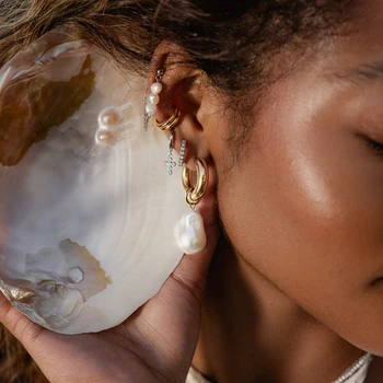 Elegant Thick Geometric Irregular Pearl Pendant PVD Round Tube Gold Color Circle Round Hoop Earrings for Women Charm Jewelry New