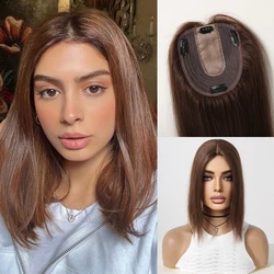 Women Hair Toppers Brown Human Hair Topper Middle Part Hair Pieces for Hair Loss Remy Human Hair Topper Silk Base Clip in 12inch