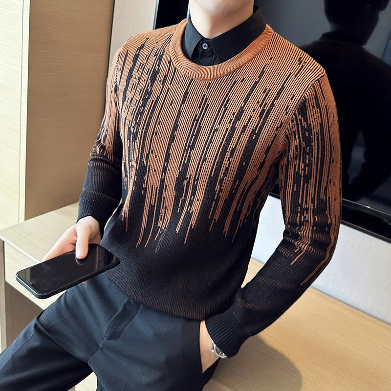 

New Winter Thickened Sweater Men Jacquard Fake Two Thermal Men Clothes Knitted Color-matching Slim Fit Pullover Homme Male 2023
