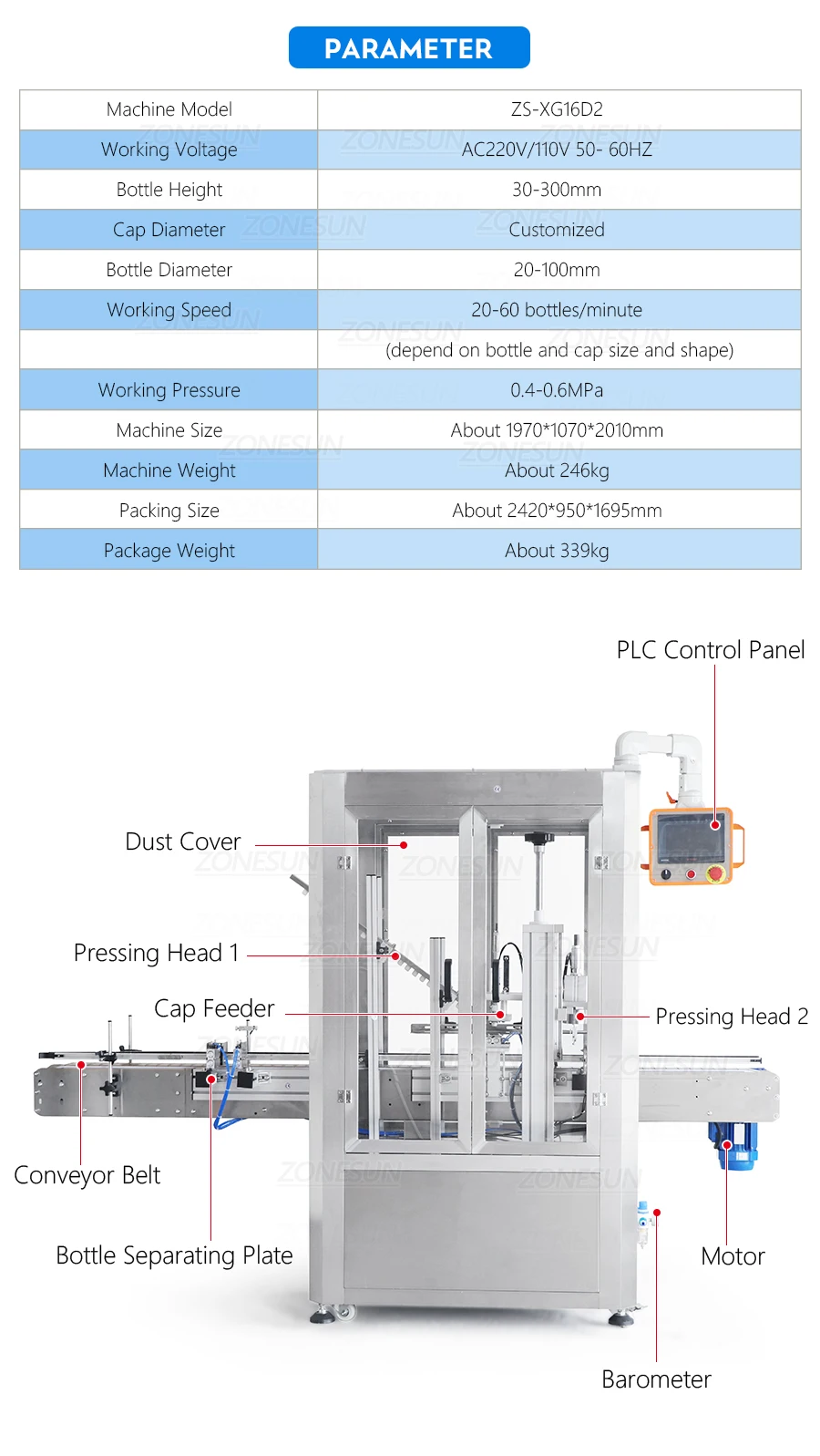 ZONESUN ZS-XG16D2 Automatic Cap Pressing Machine With Dust Cover