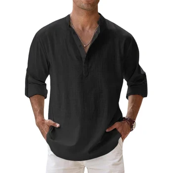 Men's Cotton Shirts Linen Casual Long Sleeve Button Down Shirt Band Collar Summer Beach Tops 2