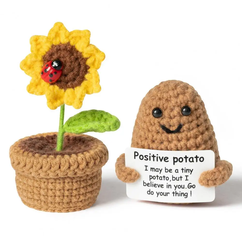 

Cartoon Potato Toy Crocheted Potted Sunflower Ornament Positive Potato Knitting Doll Stress Relief Comforting Toy Set of 2