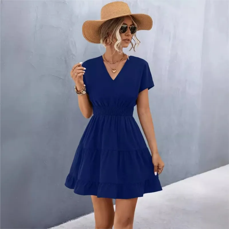 Summer-Solid-Color-Dress-For-Women-Fashion-Rose-Red-V-Neck-Short-Sleeve ...