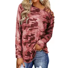

2022 Women Autumn Maxi Long Sleeve T Shirt Oblique Shoulder Crossed Straps Camouflage Printed Hollow Out Women Loose Top