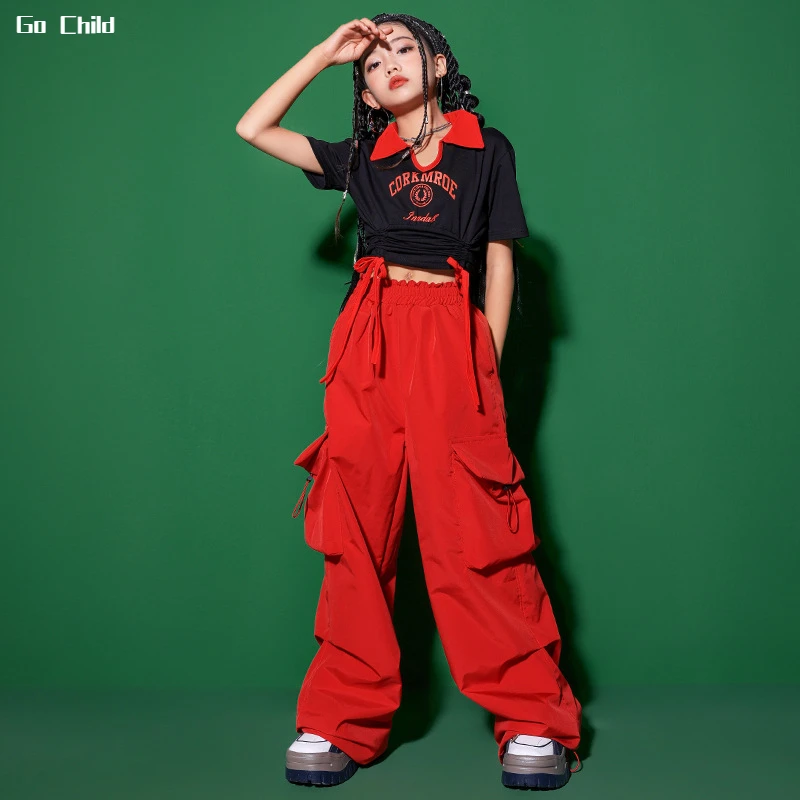 Girls Hip Hop Crop Top Red Cargo Baggy Pants Child Polo Shirt