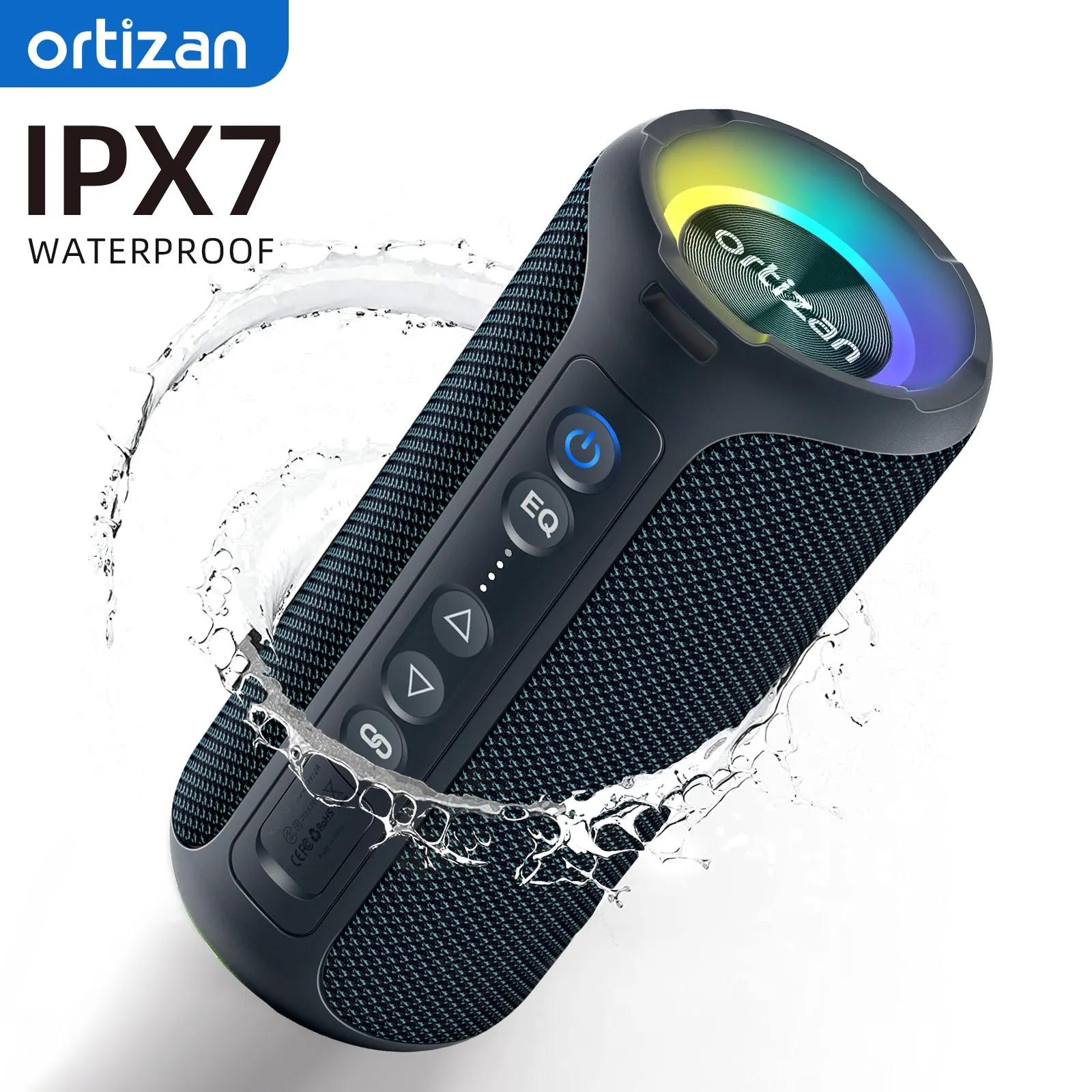 Ortizan Bluetooth-luidspreker, Bluetooth-box met LED-licht, draagbare mini muziekbox met handsfree-functie, IPX7 waterbescherming en 360° surround sound, draadloze buitenluidspreker met AUX, TF