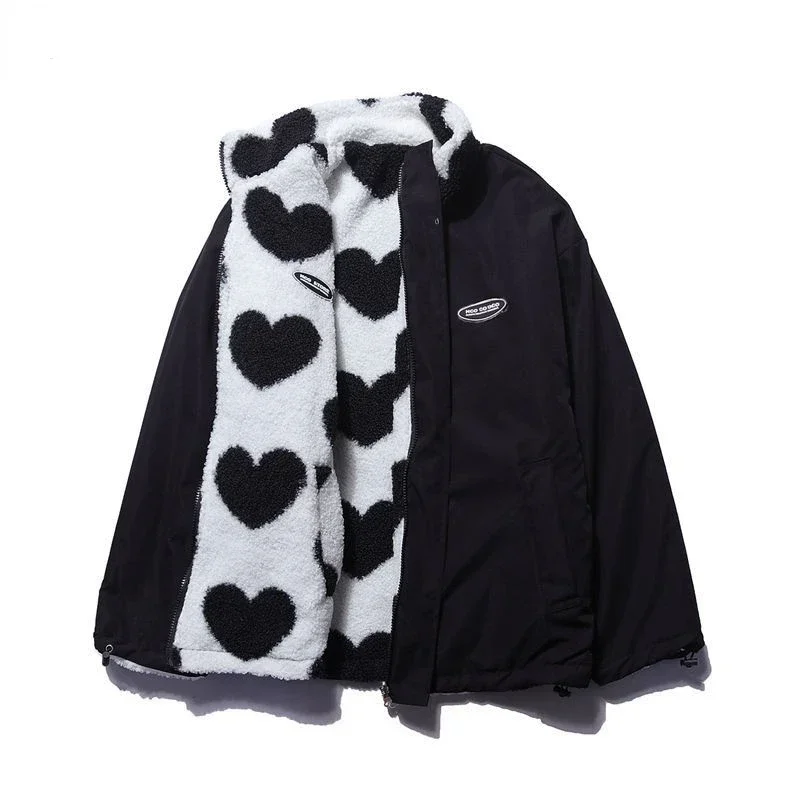 2022 autumn and winter new love lambswool cotton-padded jacket double-sided collar jacket couple loose jacket warm Y2K 2