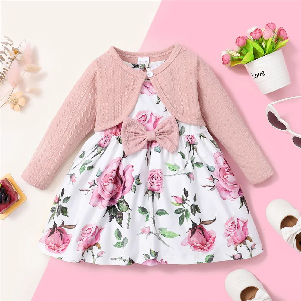 Toddler Baby Girl Dress Set 2PCS Plain Color Ribbed Overcoat + Floral Sleeveless Dress Fashion Lovely Style Party Wear kids clothes set two piece set baby girl clothing set