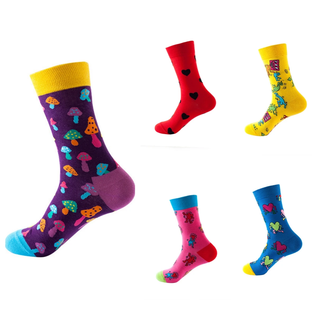 Description Picture 2 of item1 Pair Colorful Mushroom Heart Print Fahion Funny Novelty Street Style Mid Tube Unisex Socks Suit In All Seasins