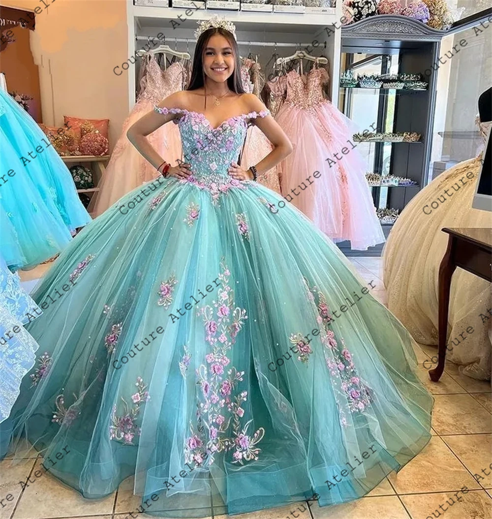 Pretty Colorful Rainbow Tulle Prom Dresses With 3D Flower Lace Appliques  Floor Length Puffy Princess Quinceanera Dress Brithday Party Gowns 2023