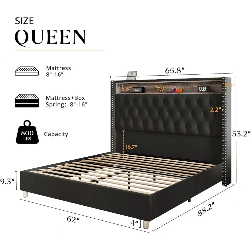 Queen Size Bed Frame 53.6'' Tall Headboard LED Lights and Charging Station, Velvet High Upholstered Platform Bed Frame Queen 5
