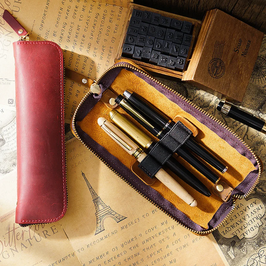 

Simple genuine cowhide pencil case boy pen protective case school student stationery storage bag with pen insert pen case gifts