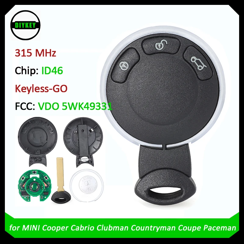 

DIYKEY 315MHz ID46 Chip VDO 5WK49331, Keyless-Go Remote Key Fob MINI Cooper Cabrio Clubman Countryman Coupe R58 P/N: 3456371-01