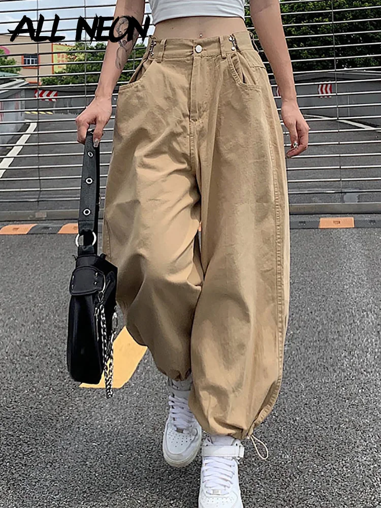 ALLNeon Y2K Fashion Khaki pantaloni Cargo oversize stile Hip Hop sciolto  vita regolabile coulisse pantalone lungo Streetwear anni '90 autunno -  AliExpress Women's Clothing