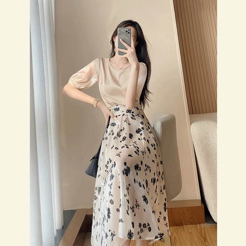 

Women's Suit Chiffon Short Sleeve Tops print long skirt High Waist Slim chic Elegant Office Lady 2 pcs set Summer Y2K Streetwear