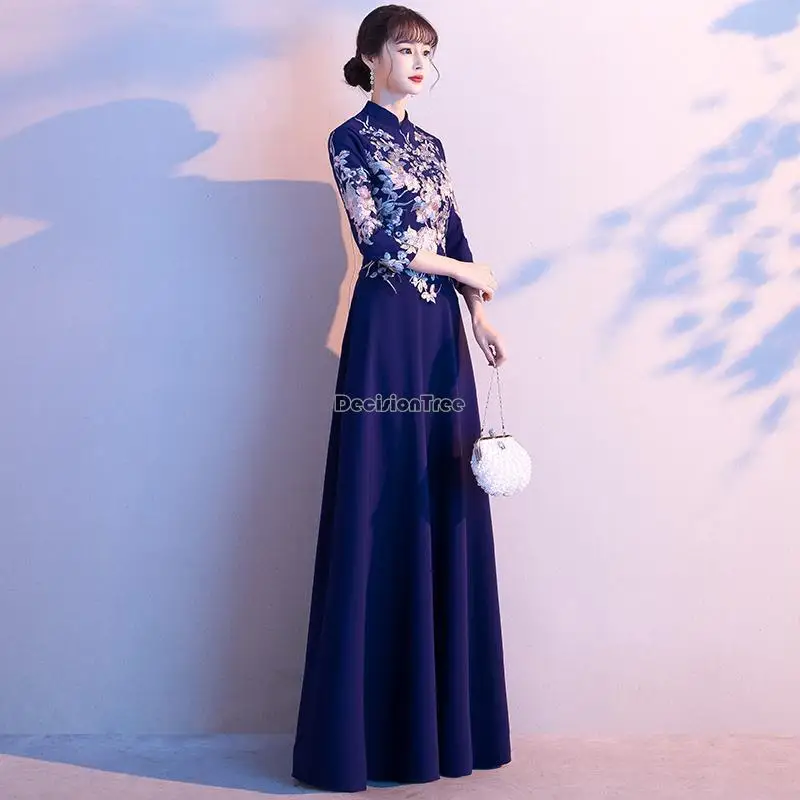 2023 cheongsam party dress female new improved chinese style long sleeve stand collar elegant long chinese style qipao dress s24