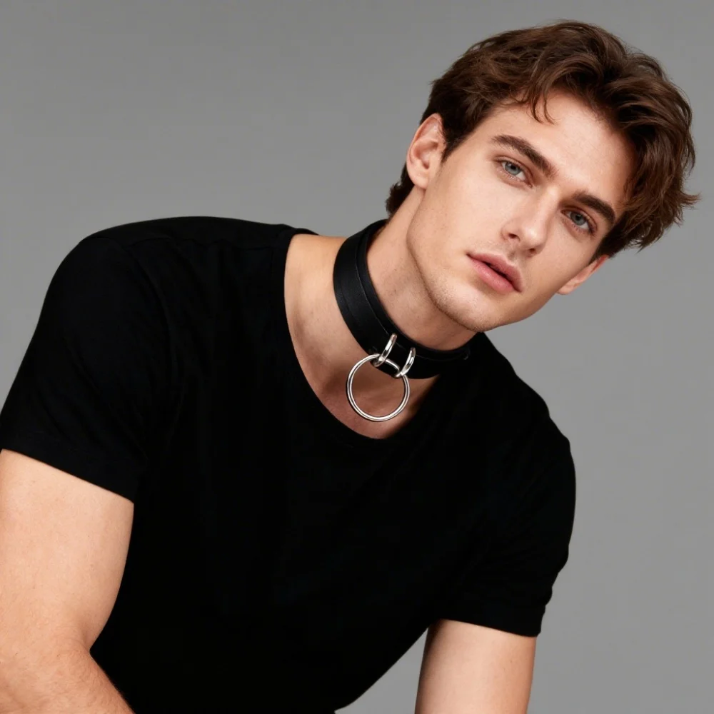 Edgy Black PU Leather Choker Necklace with Circular Pendant