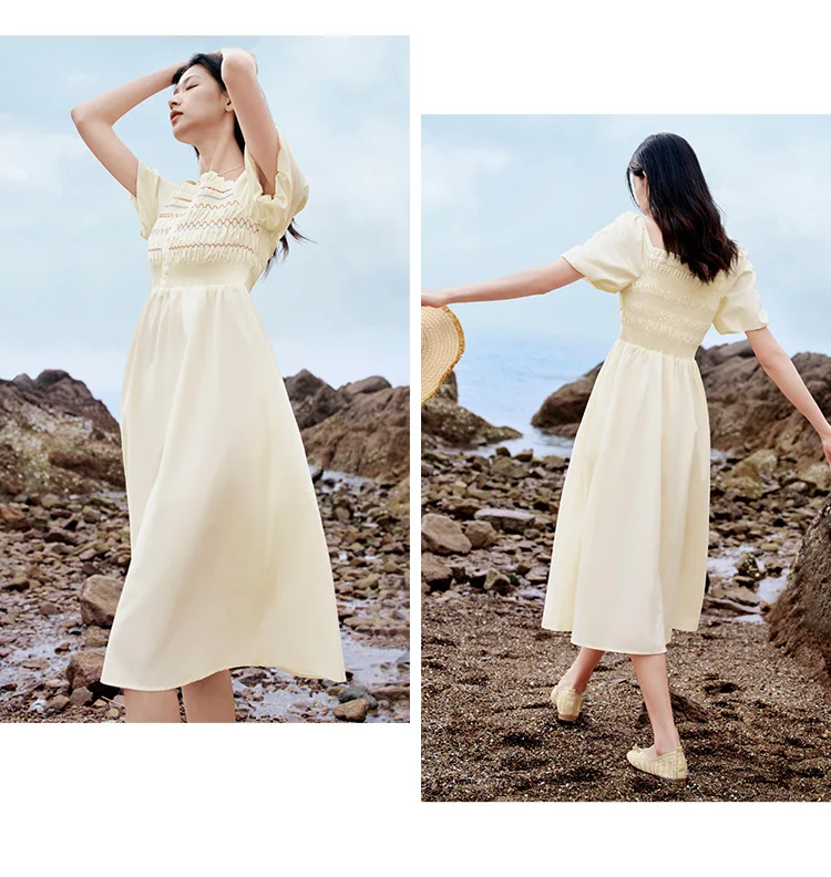 Vestido de mujer con escote cuadrado, mangas abullonadas, corte ajustado y elegante, nuevo vestido de verano divertido y elegante de largo medio.