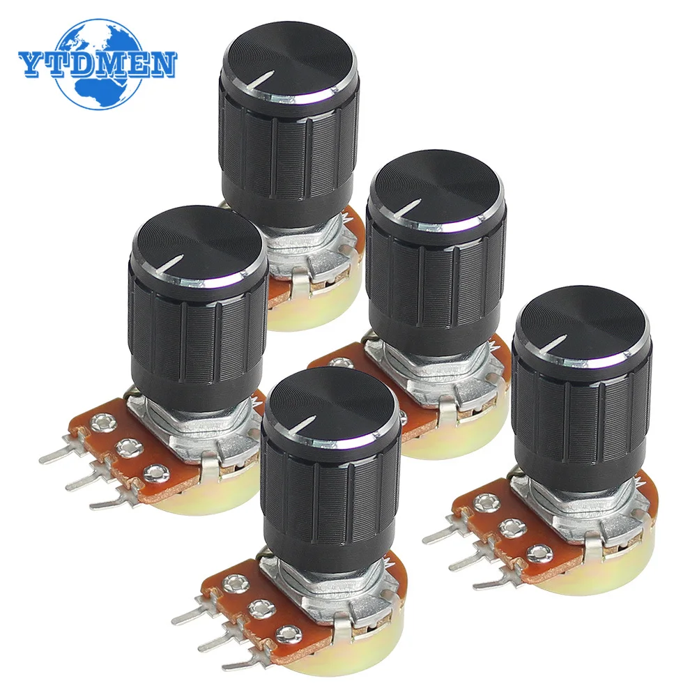 Rotary Potentiometer 5 Set WH148 Linear Taper 15mm 3pin 1K-1M with Black Aluminum Knob Kit