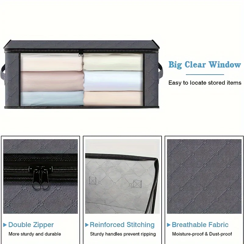 Foldable PVC Window Storage Bags, 3-Layer Non-Woven Fabric No Handles, Zipper Closure Transparent Clothes and Blanket Organizer 4
