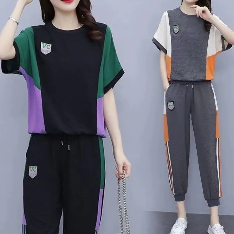 Women's Casual Sports Suit 2023 Spring And Summer New Fashion Splicing  Colour Short Sleeve Crop Top Leggings Pants Two Piece Set - AliExpress