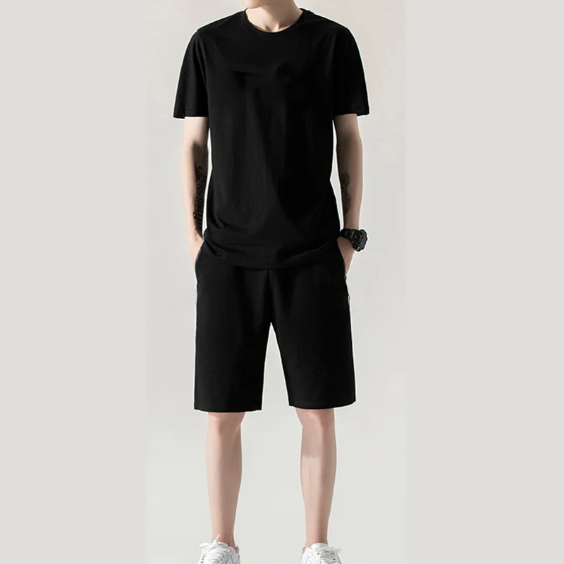 Jogging Suit with Pockets Men's Summer Casual Outfit Set O-Neck Short Sleeve T-Shirt Drawstring Waist Wide Leg Shorts Activewear