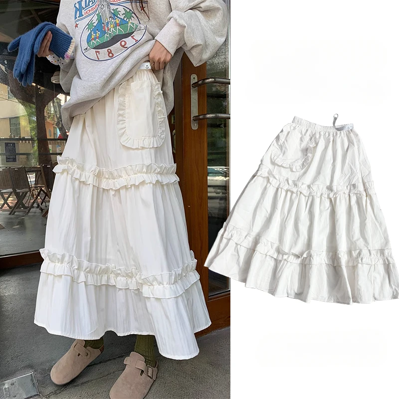 Pregnant Woman Cake Skirt with Pockets Sweet Lace Patchwork Ruffles Maternity Ball Gown Skirts Long Loose Pregnancy A-line Skirt