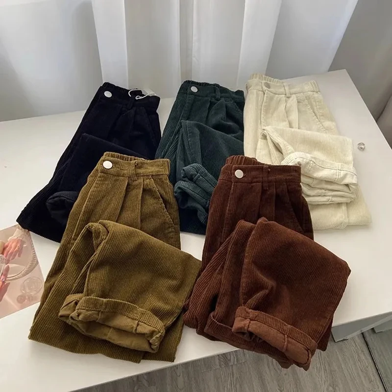 Retro High Waist Corduroy Pants Women Spring Fall Straight Causal Full Length Trousers Korean Fashion Baggy All Match Black Pant 1 Retro High Waist Corduroy Pants Women Spring Fall Straight Causal Full Length Trousers Korean Fashion Baggy All Match Black Pant