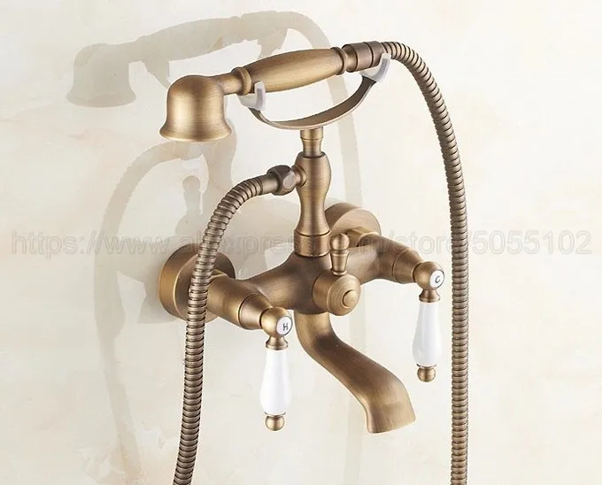 

Antique Brass Bath Shower Faucet Set Dual Knobs Wall Mounted Bathtub Mixers with Handshower Swive Tub Spout ztf153