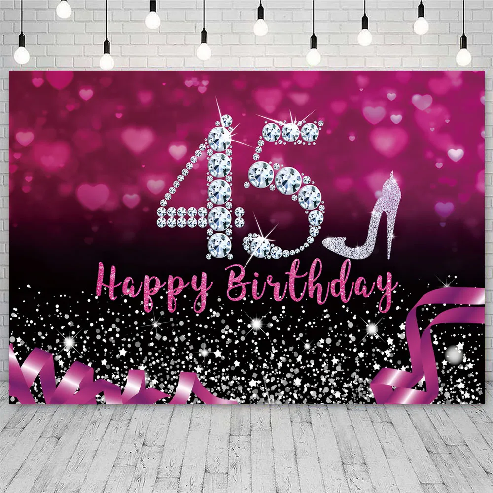 Stendardo Poster 45 Compleanno Donna 150x90 Cm, Tessuto Glitter Rosa Con Occhielli, Sfondo Per Feste E Foto