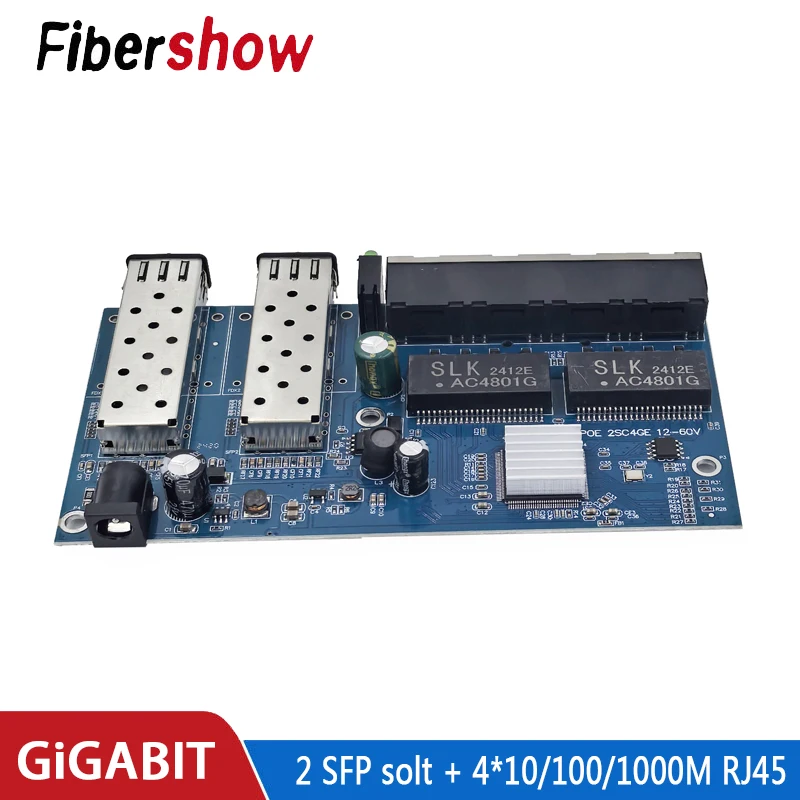 Gigabit Ethernet switch Fiber Optical Media Converter 4 RJ45 2 SFP 10/100/1000M UTP fiber Port Board PCBA 2F4E