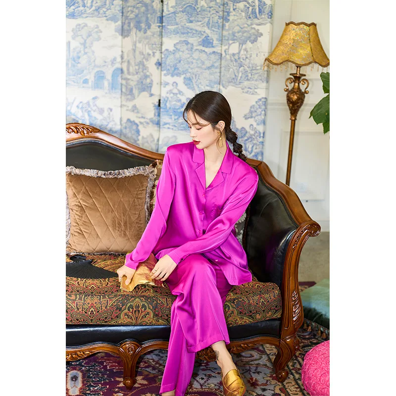 SXTHAENOO New Fashion Purplr Ice Silk Pajamas Women Solid Color Long Sleeved Trousers Woman Can Wear Outside Sleepwear Two-Piece
