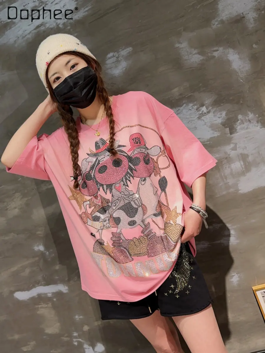 

2023 Summer Thin Gradient Pink Cow Rhinestone Tie-Dyed Short-Sleeved T-shirt Female High Street Fashion Brand Crew Neck Top