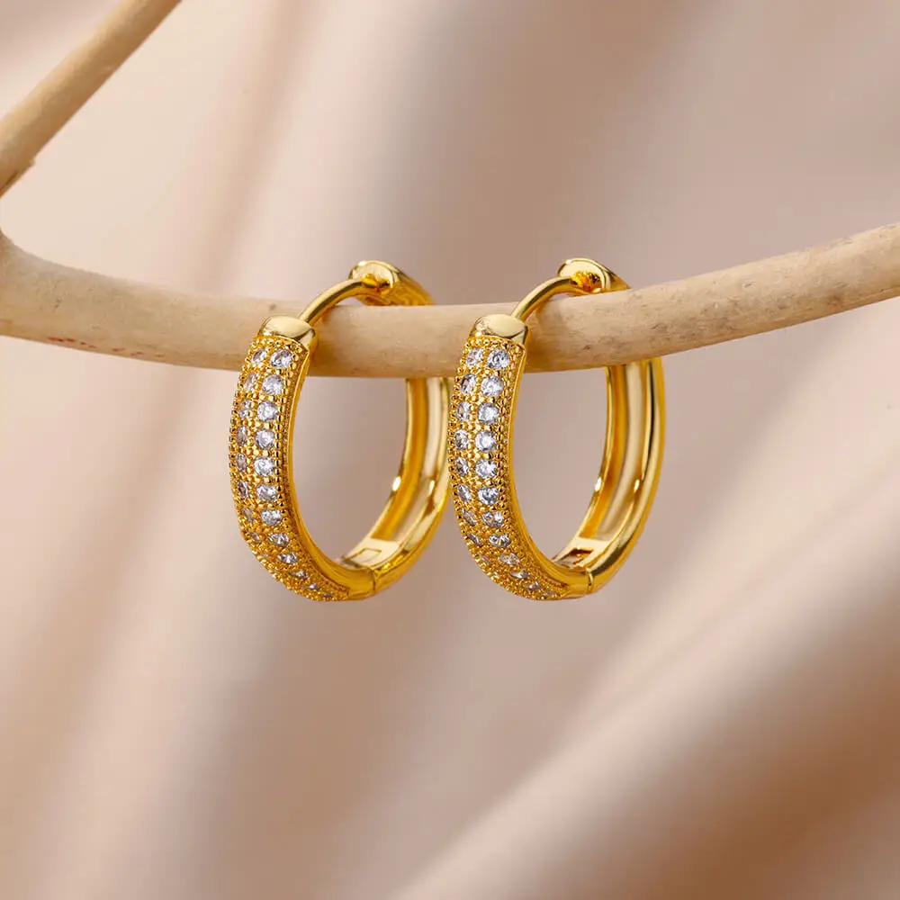Zircon Round Bead Earrings Stainless Steel Gold Plated Hoop Earring
