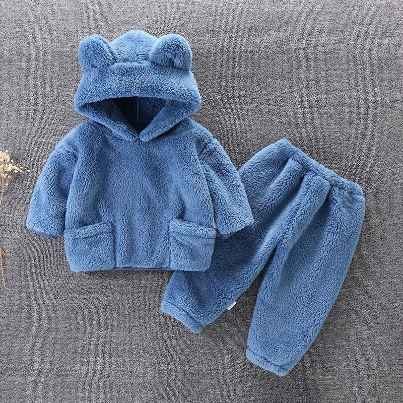 2Piece Autumn Winter Kids Clothes Girl Boys Outfit Sets Fleece Warm Cute Hooded Tops + Pants Baby Luxury Boutique Clothing