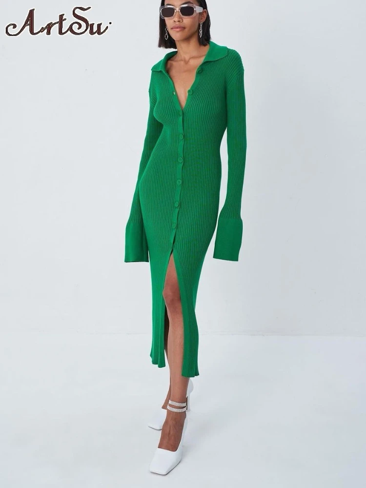 

Autumn Midi Dress Women Long Sleeve Buttons Turndown Collar Knitted Elegant Bodycon Dresses Winter Clothes 2023 Sweater Vestidos