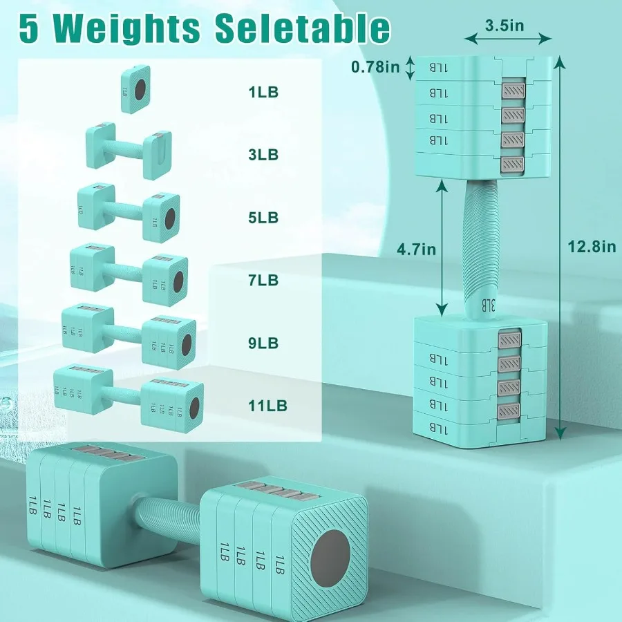 Adjustable Dumbbells Set of 2, 5-in-1 Adjustable Weight Dumbbells for Women/Men, 3lb/5lb/7lb/9lb/11lb Dumbbell Weights Set for H