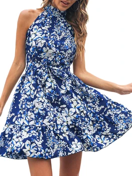 Women's Dress Elegant Floral Print Robe Spring Pullover with Ruffle Hem Blue SIZE XL 5