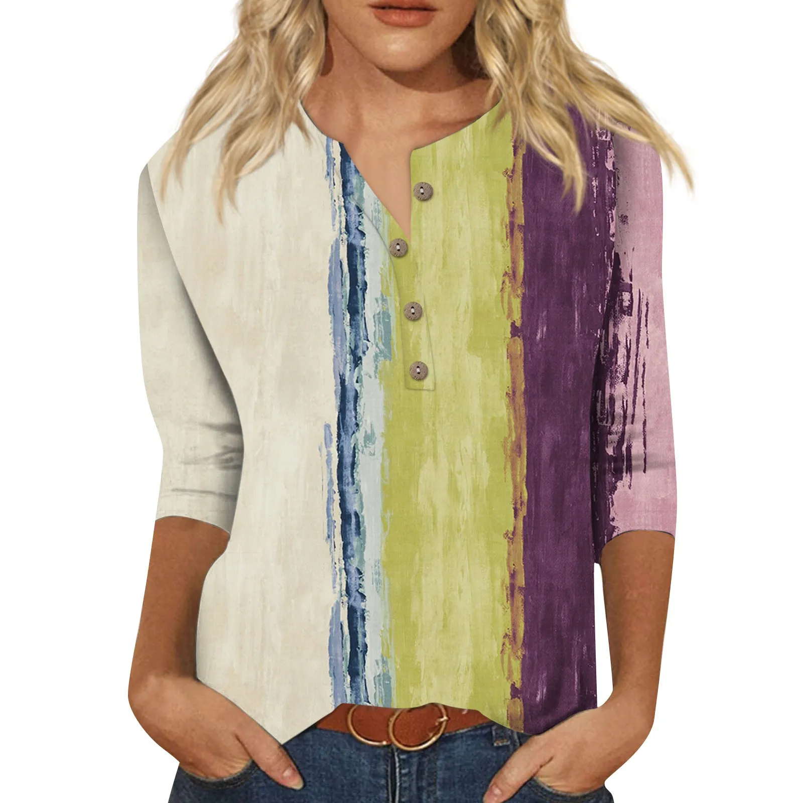 

Women'S New Sgraphic Tee Button V-Neck Fashion Print 3/4 Sleeves Retro Print T-Shirt Slim Top Casual Tops 2024 одежда женская