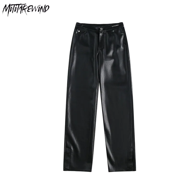 

American Pu Leather Motor Biker Pants Women Straight Casual Streetwear High Street Faux Y2k High Waist Zipper Button Trousers