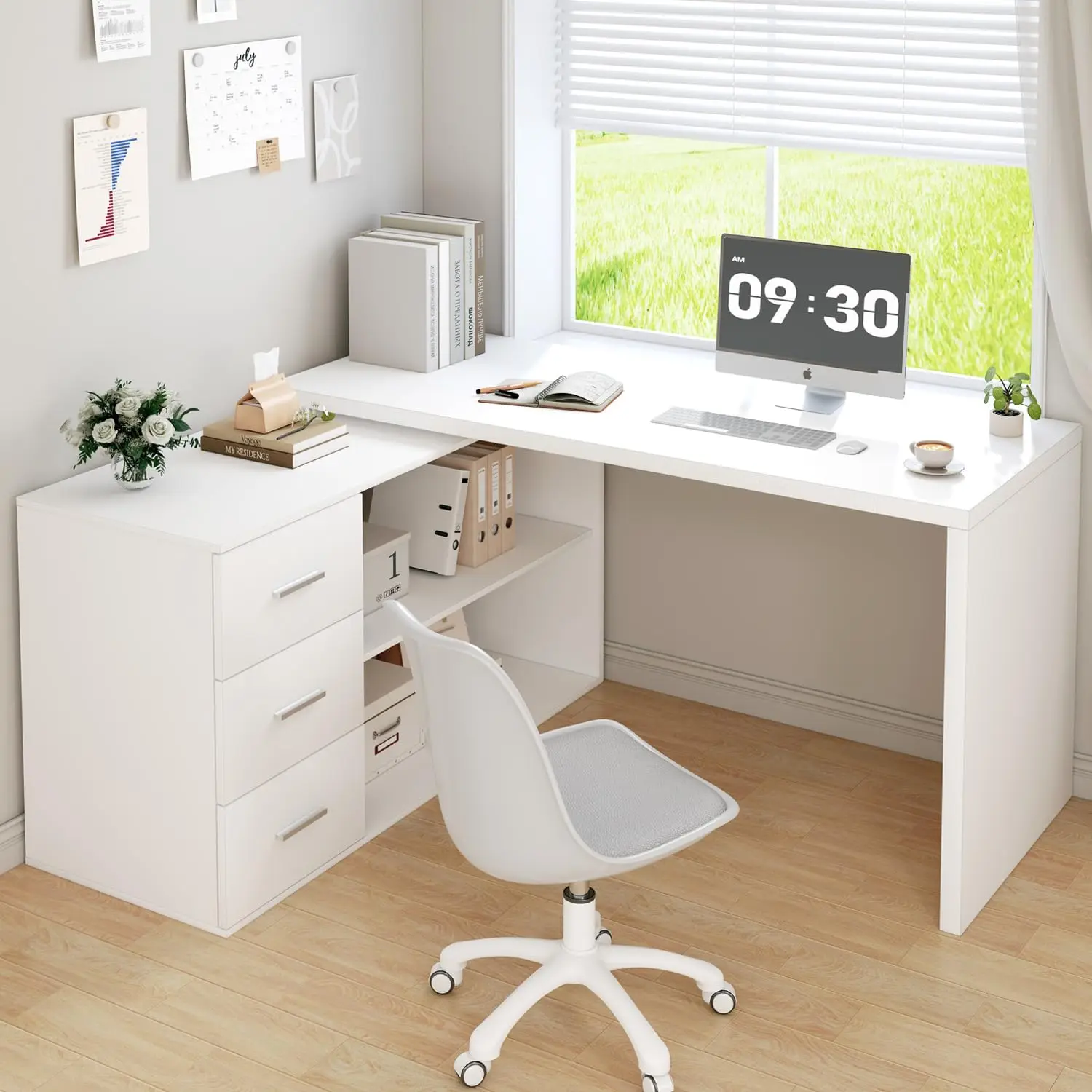 HSH White L-Shaped Computer Desk with 3 Drawers and2 Shelves,Reversible Home Office Corner Desk for Writing Study Work Executive
