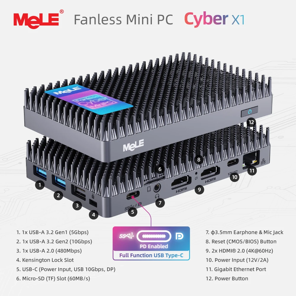MeLE Mini PC Cyber X1 N150 Fanless PC 8GB RAM, 128GB Storage, 2.4/5G Wi-Fi, Full-Functional USB-C, 4K Triple Display Desktop