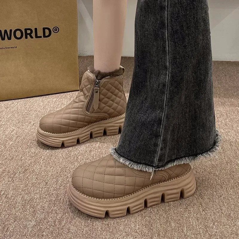 

Женские ботинки на молнии, зимние однотонные плюшевые теплые ботинки на платформе с круглым носком, водонепроницаемые повседневные ботинки для снежной погоды, 2023