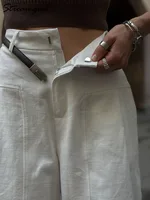 Pantalon en coton et lin blanc pour femmes, jambes larges, formel, été, jambe droite, costume, taille haute, pantalon formel pour dames, ample 4