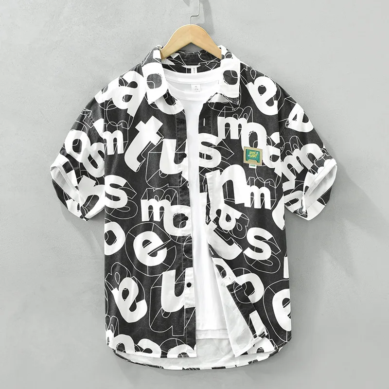 

Men Clothing 2023 Summer New Trend Personalized Letter Full Print Shirt Lapel Casual Loose Boys' Top Short Sleeve Shirt Trend
